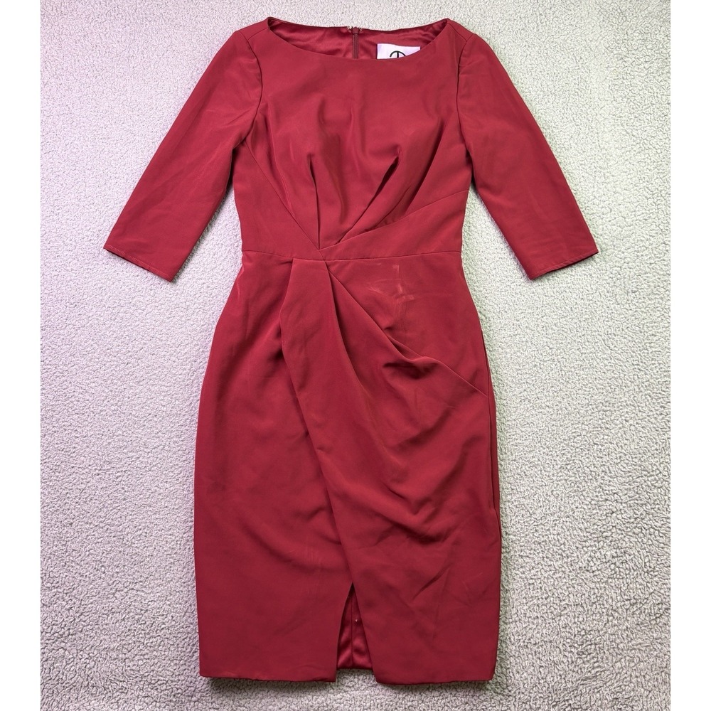 Telfar Dress Womens 4 Red Midi Sheath Draped Tulip Ruched Waist Cocktail Stretch